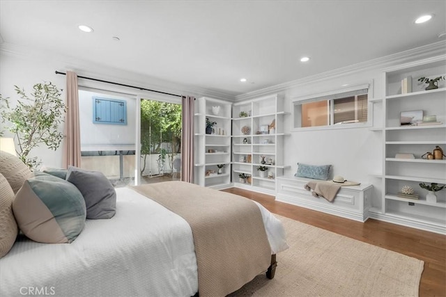 1612 Speyer Ln, Redondo Beach, CA 90278 - bedroom featuring crown molding, wood finished floors, recessed lighting, and access to exterior