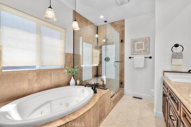 1612 Speyer Ln, Redondo Beach, CA 90278 - full bath with a tub with jets, a shower stall, vanity, and tile patterned floors