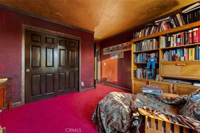 carpeted bedroom featuring ornamental molding