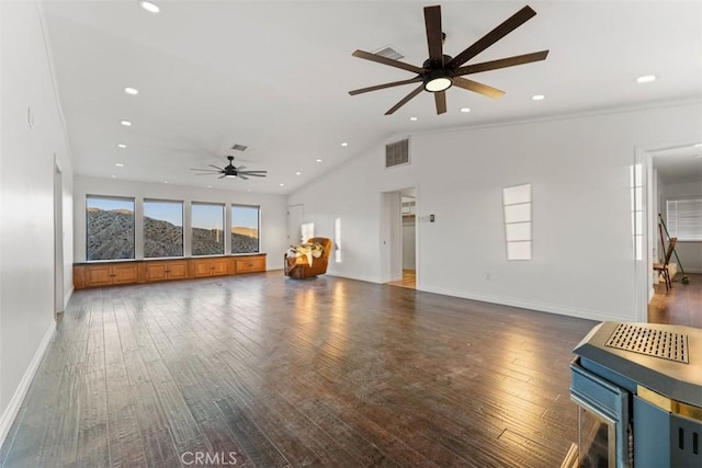 unfurnished living room featuring ceiling fan, dark hardwood / wood-style flooring, and ornamental molding