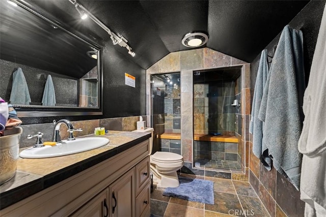 bathroom featuring toilet, a shower with door, lofted ceiling, and vanity