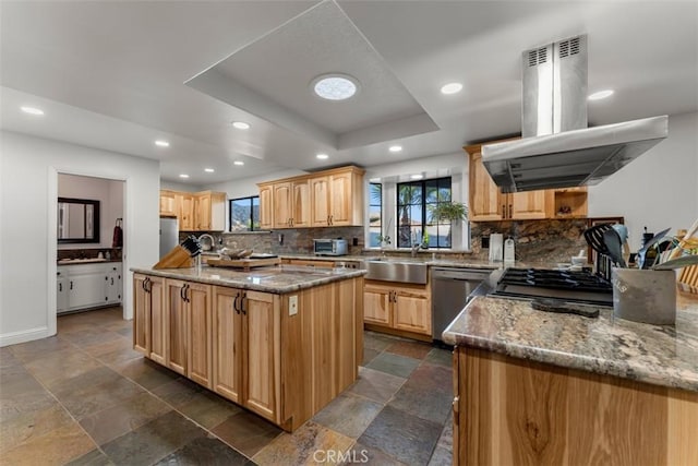 kitchen featuring a kitchen island, stainless steel dishwasher, a raised ceiling, sink, and island exhaust hood