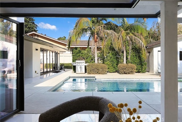 view of swimming pool with grilling area and a patio area