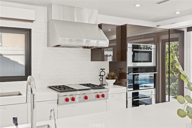 kitchen with appliances with stainless steel finishes, island range hood, white cabinetry, and backsplash