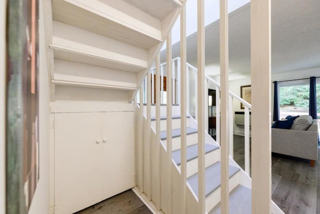 stairs featuring wood-type flooring