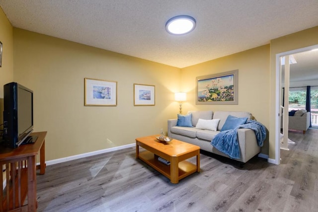 living room with a textured ceiling and light hardwood / wood-style flooring