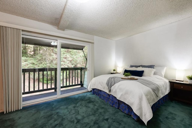 bedroom featuring a textured ceiling, dark colored carpet, access to exterior, and beam ceiling