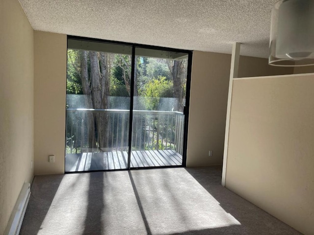 carpeted empty room featuring a textured ceiling, baseboard heating, and a wall of windows