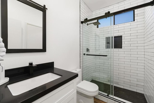 bathroom with a shower with door, vanity, and toilet