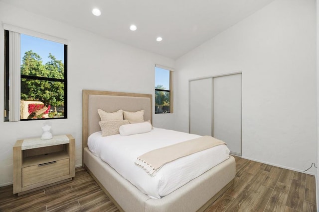 bedroom featuring lofted ceiling and a closet