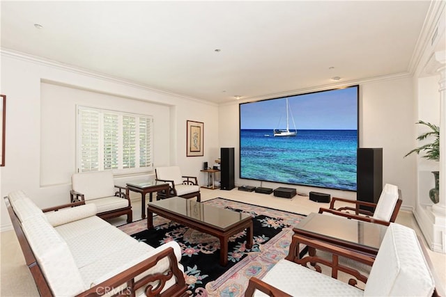 living room with crown molding