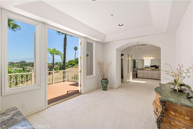 interior space with light carpet, access to exterior, and a tray ceiling