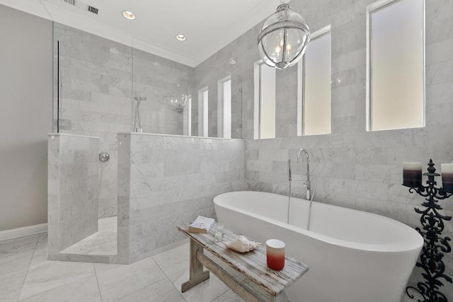 bathroom featuring tile walls, crown molding, and shower with separate bathtub