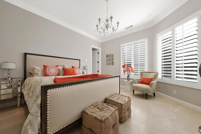 tiled bedroom with crown molding and a chandelier