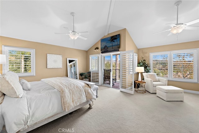 carpeted bedroom with multiple windows, ceiling fan, and access to outside