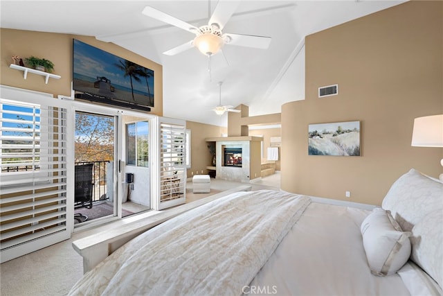 bedroom featuring light colored carpet, access to exterior, high vaulted ceiling, and ceiling fan