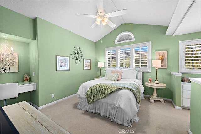 bedroom featuring ceiling fan, light colored carpet, and vaulted ceiling