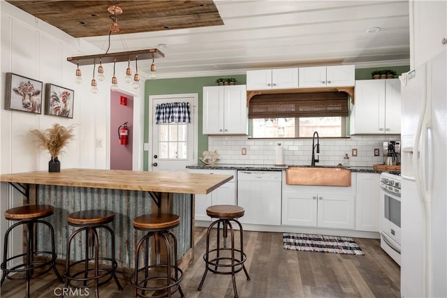 kitchen with wood ceiling, white cabinets, butcher block countertops, and white appliances