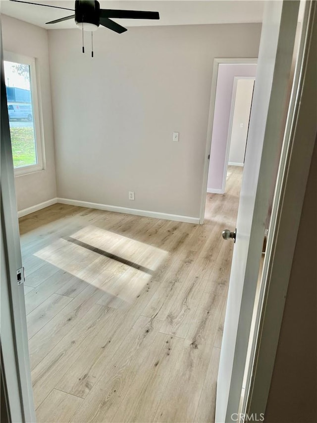 empty room featuring ceiling fan and light hardwood / wood-style flooring