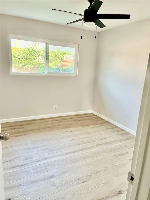 empty room with a wealth of natural light, light hardwood / wood-style floors, and ceiling fan