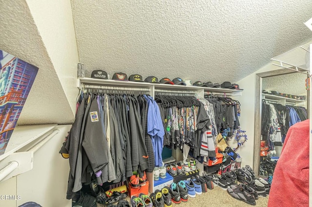 spacious closet with carpet floors and lofted ceiling