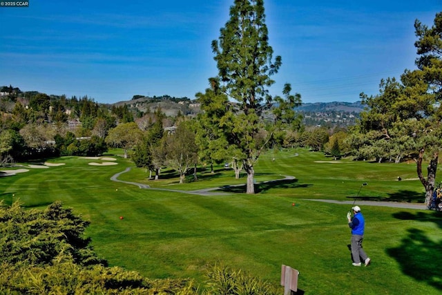 view of property's community with a mountain view and a yard