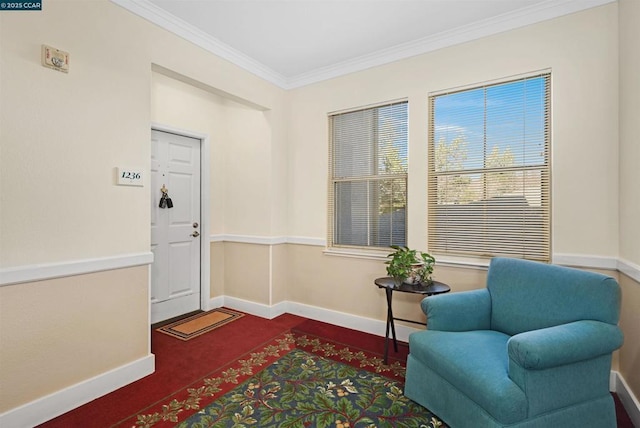 sitting room with crown molding and dark colored carpet