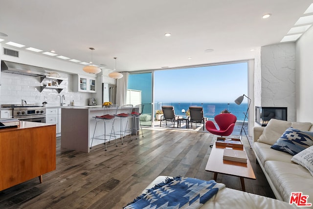 living room with dark hardwood / wood-style flooring, a fireplace, a water view, expansive windows, and sink