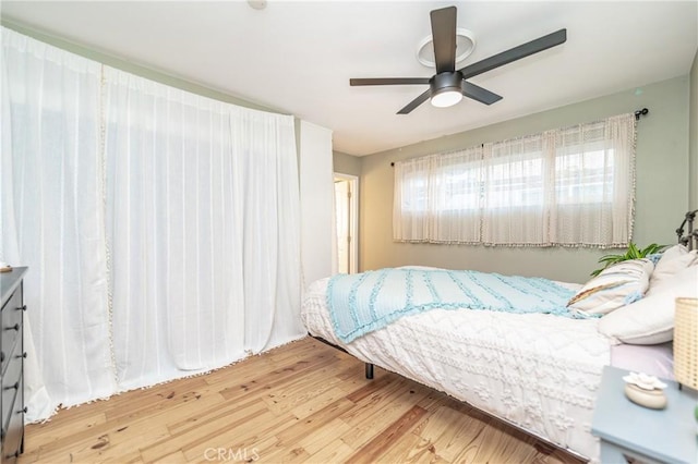 bedroom with ceiling fan and wood finished floors