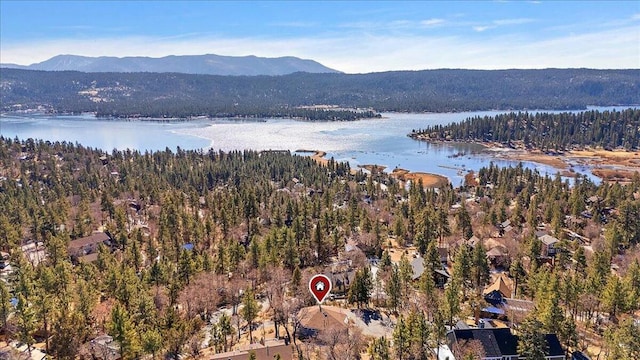 drone / aerial view with a water and mountain view