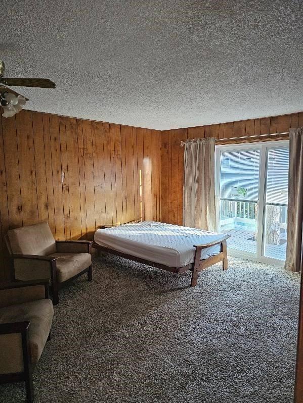 recreation room with wooden walls, a textured ceiling, carpet, and access to outside