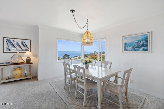 carpeted dining room featuring ornamental molding and a water view