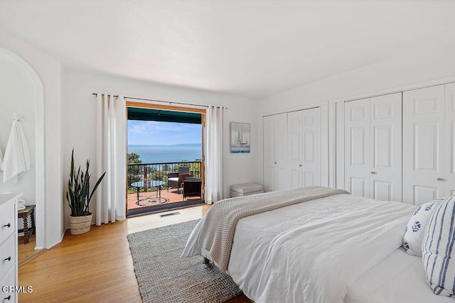 bedroom with access to outside, light wood-type flooring, a water view, and two closets