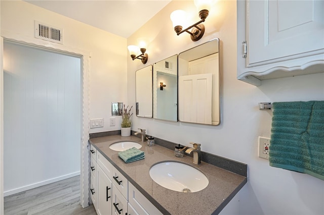 bathroom with wood-type flooring and vanity