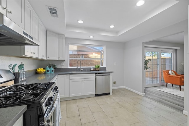 kitchen with a raised ceiling, appliances with stainless steel finishes, sink, and white cabinets