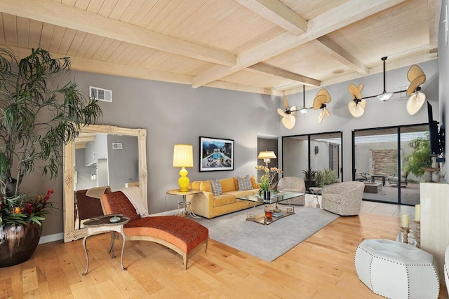 living room featuring beam ceiling, ceiling fan, wooden ceiling, and hardwood / wood-style floors