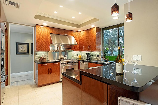 kitchen with a raised ceiling, kitchen peninsula, extractor fan, and stainless steel appliances