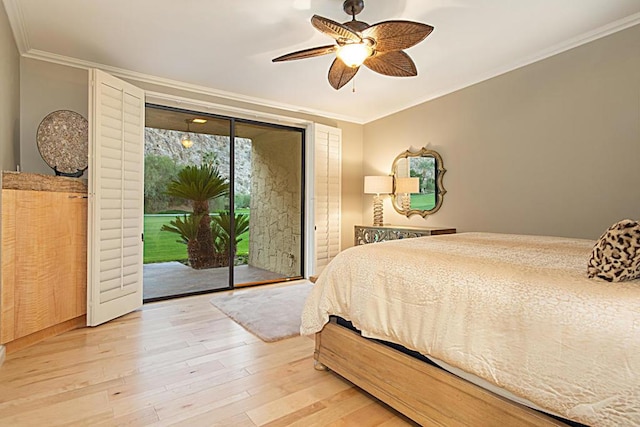 bedroom with ceiling fan, ornamental molding, light hardwood / wood-style flooring, and access to outside