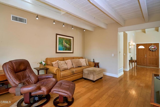 living room with wood ceiling, track lighting, beamed ceiling, and light wood-type flooring