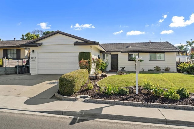 single story home with a front lawn and a garage