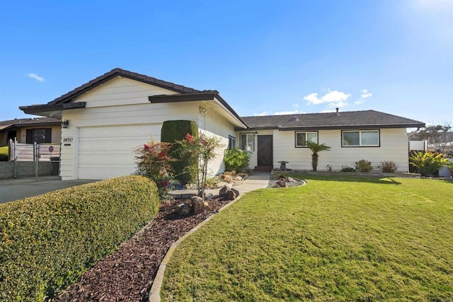 single story home with a front lawn and a garage