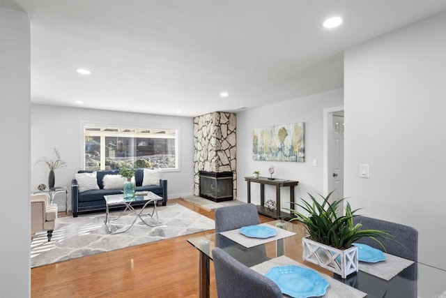 living room with a fireplace and hardwood / wood-style floors