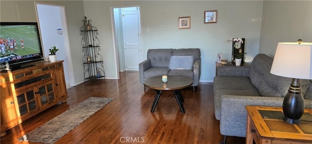 living room with dark hardwood / wood-style flooring