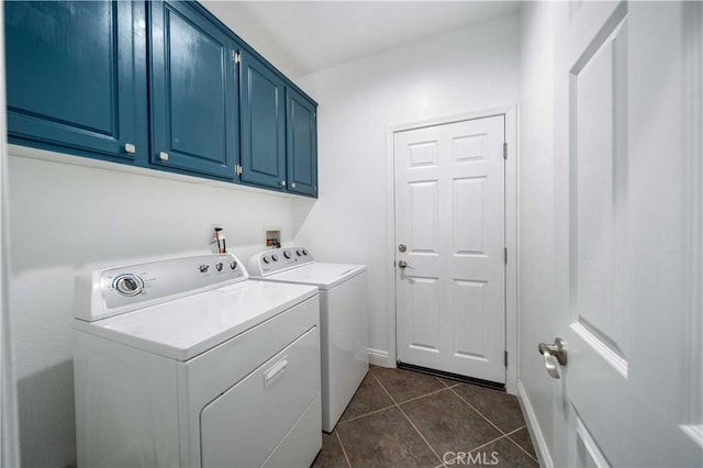 laundry room with cabinets, dark tile patterned floors, and independent washer and dryer