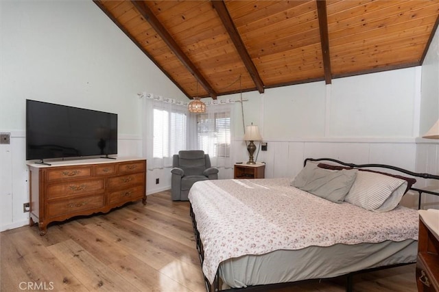 bedroom with vaulted ceiling with beams, light hardwood / wood-style floors, and wooden ceiling