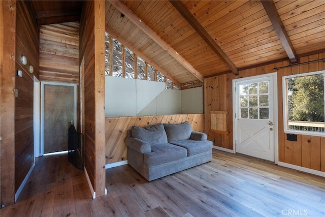 unfurnished room featuring hardwood / wood-style flooring, wooden ceiling, wood walls, and lofted ceiling with beams