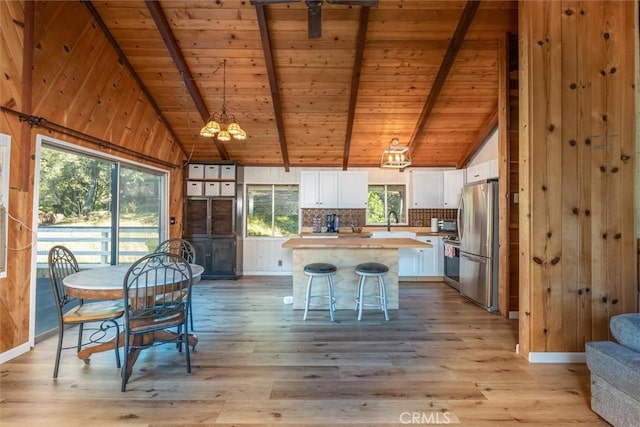 kitchen featuring wood ceiling, white cabinetry, stainless steel appliances, light wood-type flooring, and beam ceiling