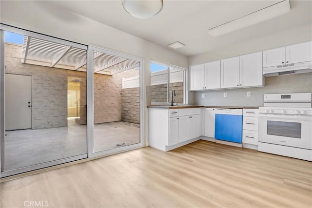 kitchen featuring light hardwood / wood-style floors, tasteful backsplash, white appliances, white cabinets, and sink