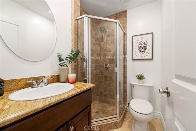 bathroom featuring toilet, tile patterned flooring, an enclosed shower, and vanity