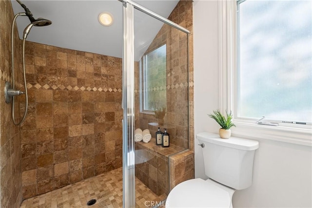 bathroom featuring toilet and a shower with shower door